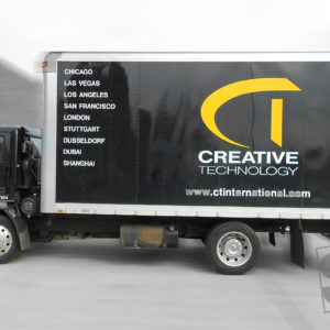 black box truck with vinyl graphics