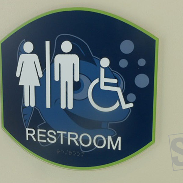 custom multi layer ada restroom sign with digitally printed logo and white raise text