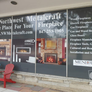 exterior window graphics with white copy and digitally printed product photos