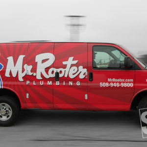 mr. rooter vehicle wrap graphics applied at a 3m certified facility