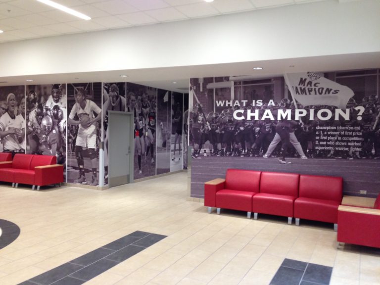 norther illinois university niu indoor practice facility wall graphics with raised white champion letters