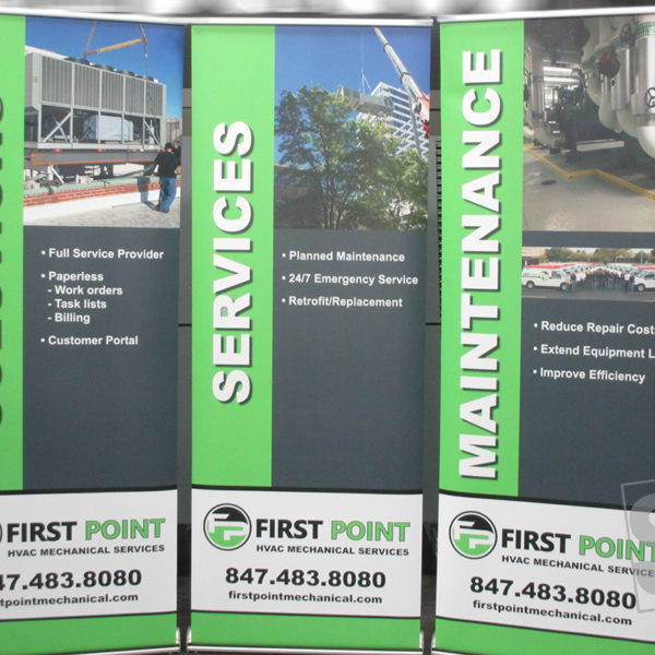 roll up banner stand with digitally printed graphics on non curl banner for first point mech