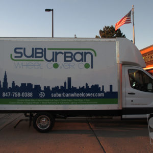 utility box on a ford transit with vinyl graphics sides and rear